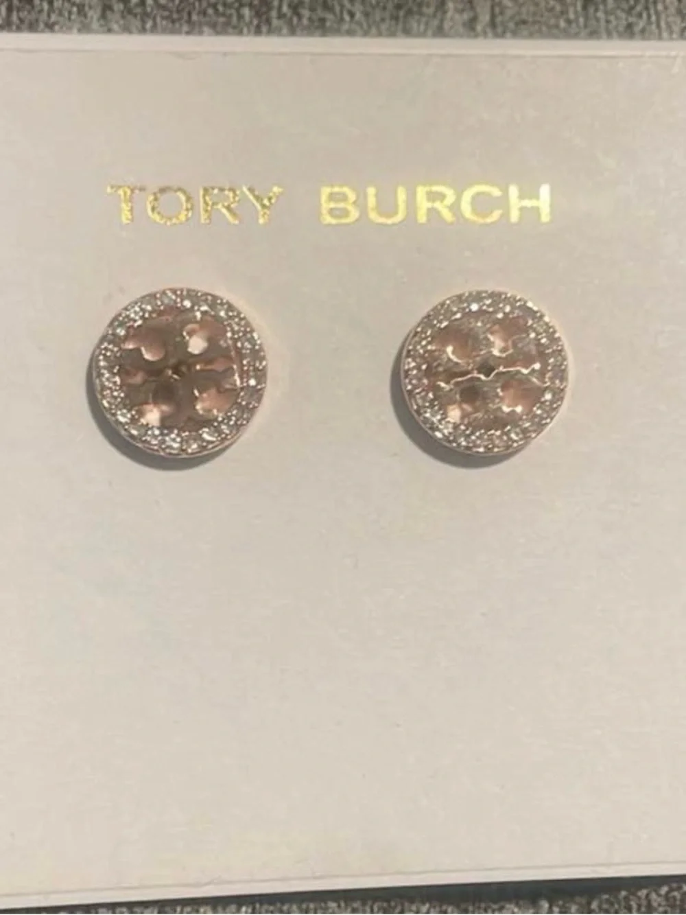 Tory Burch Rose Gold Crystal Logo Stud Earrings